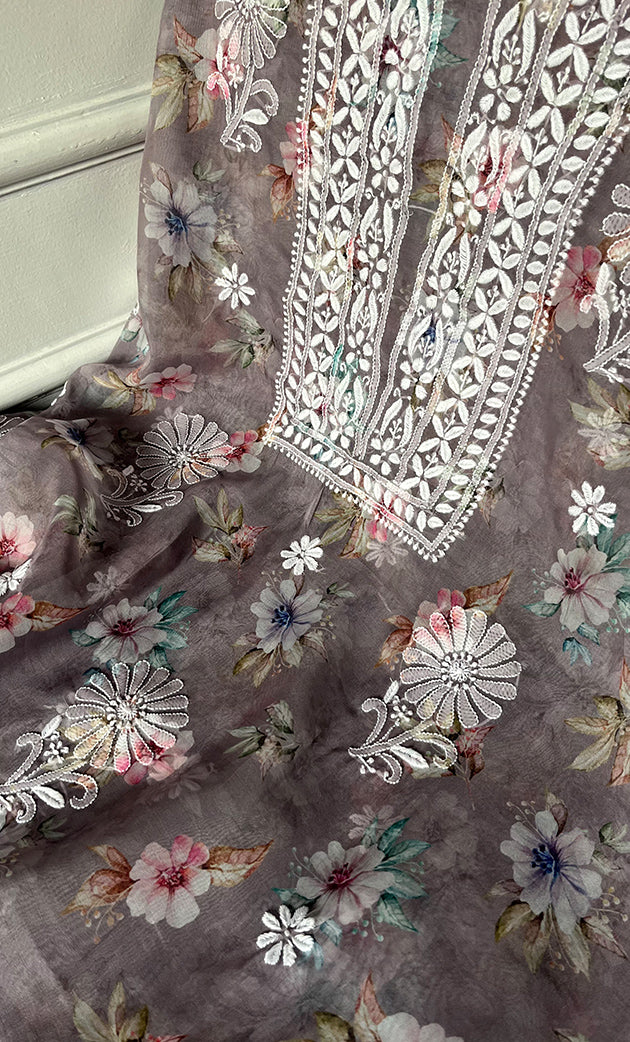 Disha Women's Lakhnavi Handcrafted Organza Chikankari Unstitched Kurti Fabric - HONC0332145