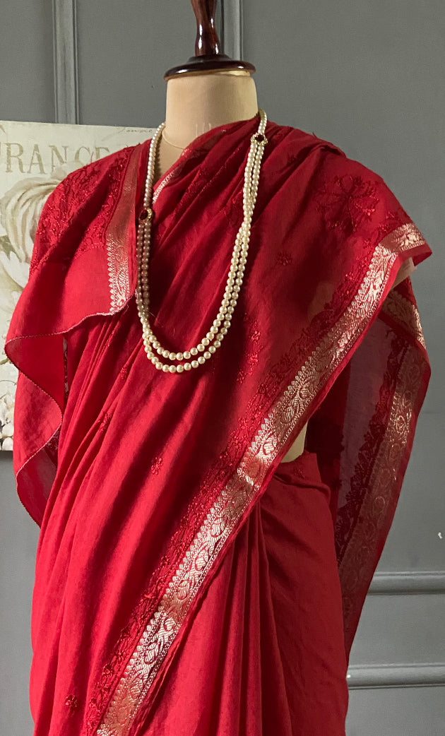 Women's Lakhnavi Handcrafted Chanderi Silk Chikankari Saree - HONC0307132