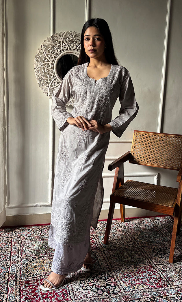 Women's Lakhnavi Handcrafted Cotton Chikankari Kurta And Palazzo Set - HONC0286950