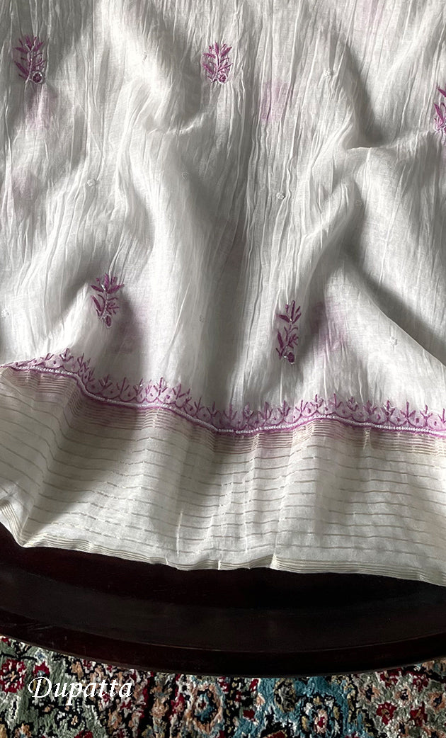 Women's Lakhnavi Handcrafted Unstitched Mul Chanderi Kurta And Dupatta Set - HONC0327488