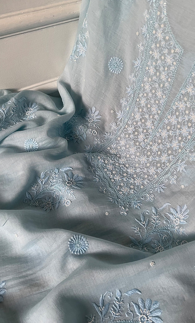 Women's Lakhnavi Handcrafted Mul Chanderi Chikankari Full Suit Material - HONC0287087
