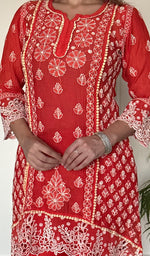 Women's Lucknowi Handcrafted Mul Chanderi Stitched Chikankari Short Kurta And Plazzo Set .