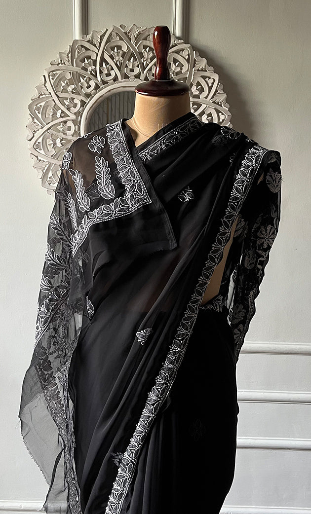 Women's Lucknowi Handcrafted  Faux-Georgette Chikankari Saree - HONC0188877