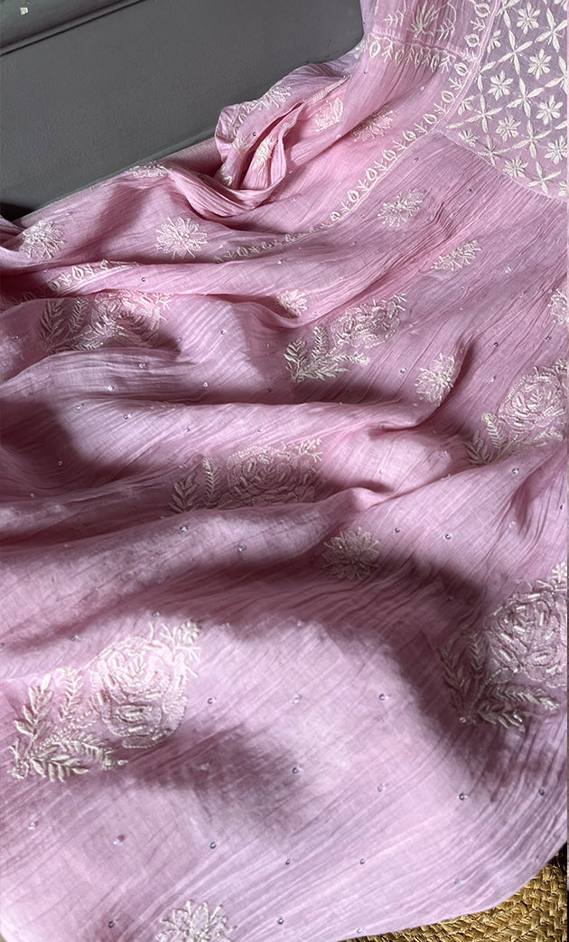 Women's Lakhnavi Handcrafted Mul Chanderi Semi - Stitched Angrakha And Dupatta Set - HONC0298175
