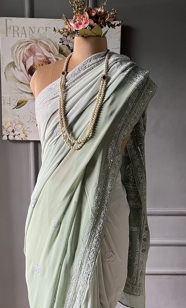 Women's Lakhnavi Handcrafted Pure Silk Georgette Chikankari - HONC0287581