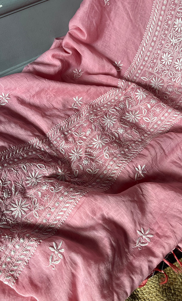 Women's Lakhnavi Handcrafted Mul Chanderi Chikankari Full Suit Material - HONC0307420