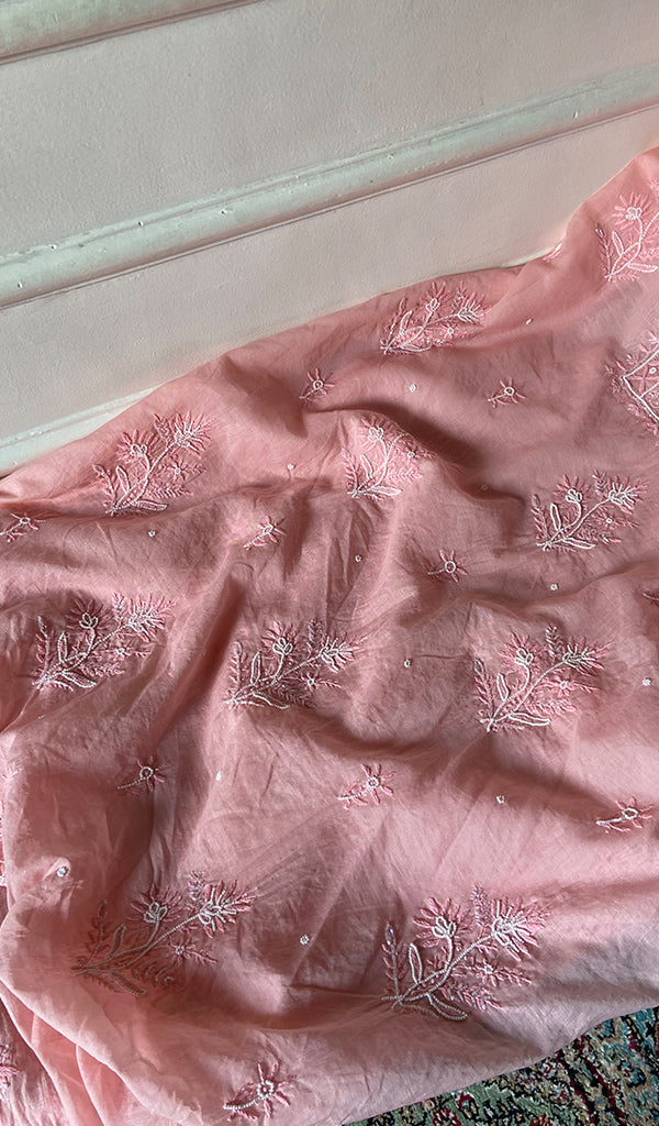 Women's Lakhnavi Handcrafted Mul Chanderi Unstitched Chikankari Full Suit Material - HONC0354633