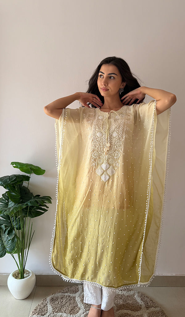 Pragya Women's Lucknowi Handcrafted Mul chanderi Chikankari Kaftan - HONC03615793