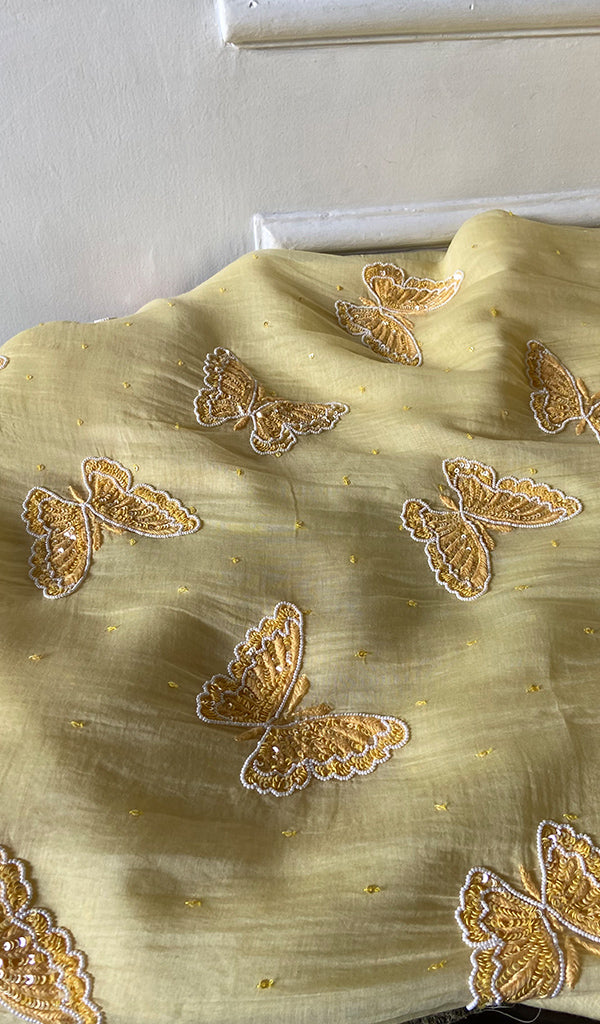 Women's Lakhnavi Handcrafted Mul Chanderi Unstitched Chikankari Full Suit Material - HONC0339581