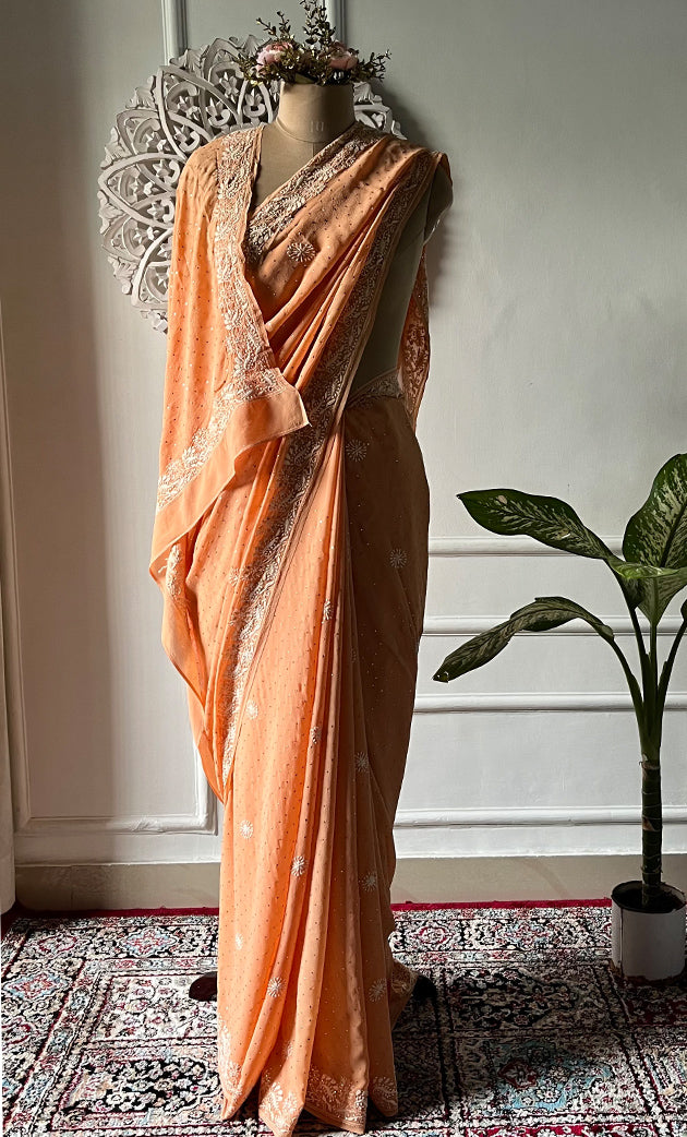 Women's Lakhnavi Handcrafted Pure Silk Georgette Chikankari Saree - HONC0274172