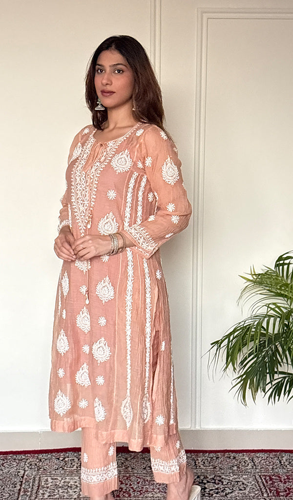 Ira Women's Lucknowi Handcrafted Mul Chanderi Stitched Chikankari Kurta And Plazzo Set .