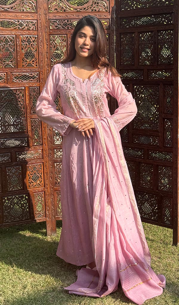 Women's Lucknowi Handcrafted Mul Chanderi  Stitched Chikankari Kurta, Dupatta With pant Set- HONC0256260
