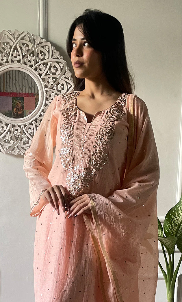 Women's Lakhnavi Handcrafted Mul Chanderi Chikankari Stitched Kurta, Dupatta And Pant Set - HONC03224190