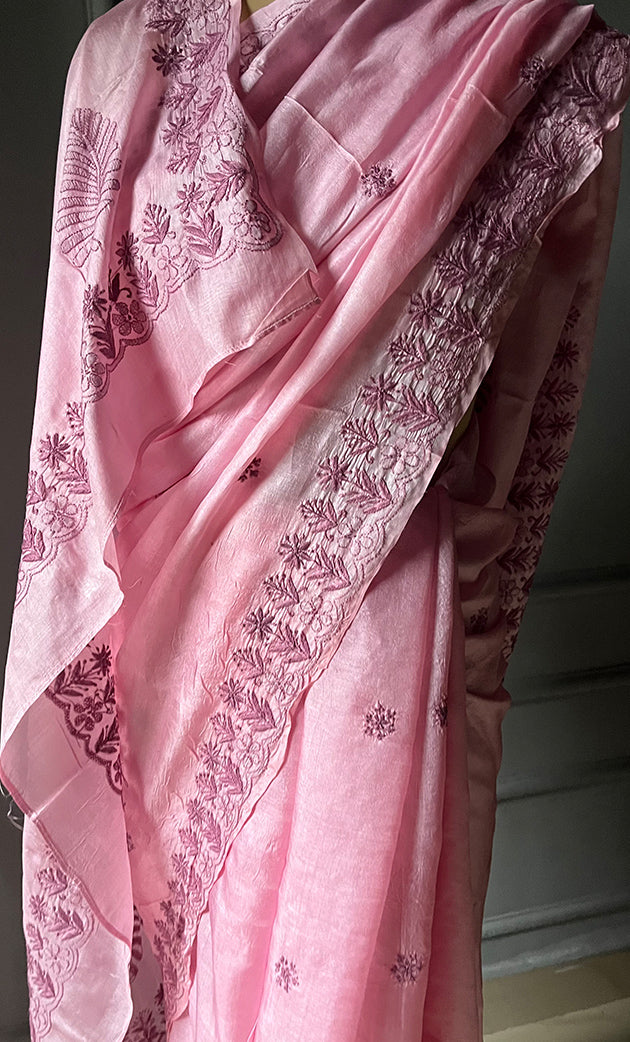 Women's Lakhnavi Handcrafted Tussar Silk Chikankari Saree - HONC0284161