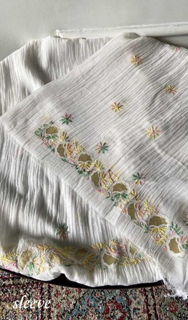 White Pure Mul Chanderi Chikankari 2 Pc Unstitched Suit Set — Gold Multicoloured Work