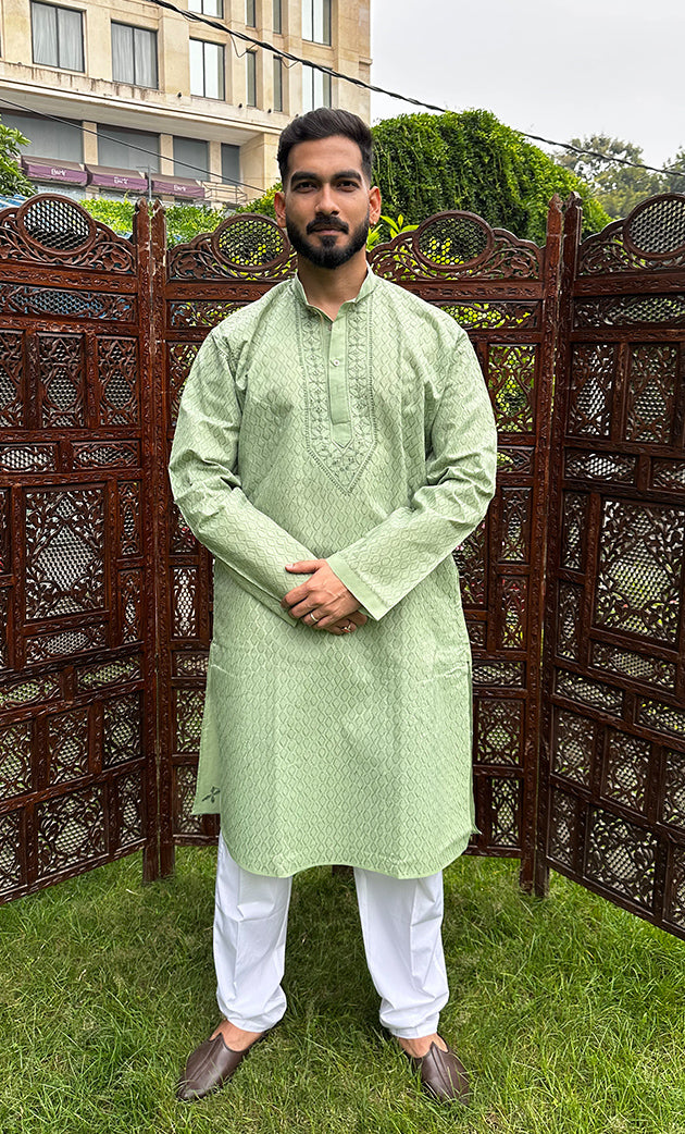 Men's Lucknowi Handcrafted Cotton Chikankari Kurta - HONC0298880