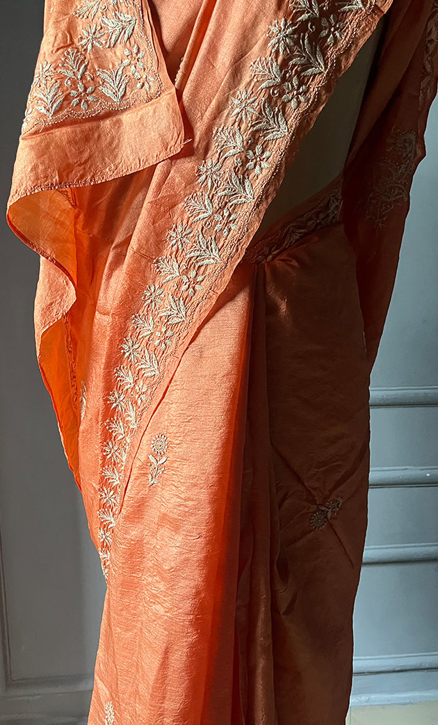 Women's Lakhnavi Handcrafted Tussar Silk Chikankari Saree - HONC0302377