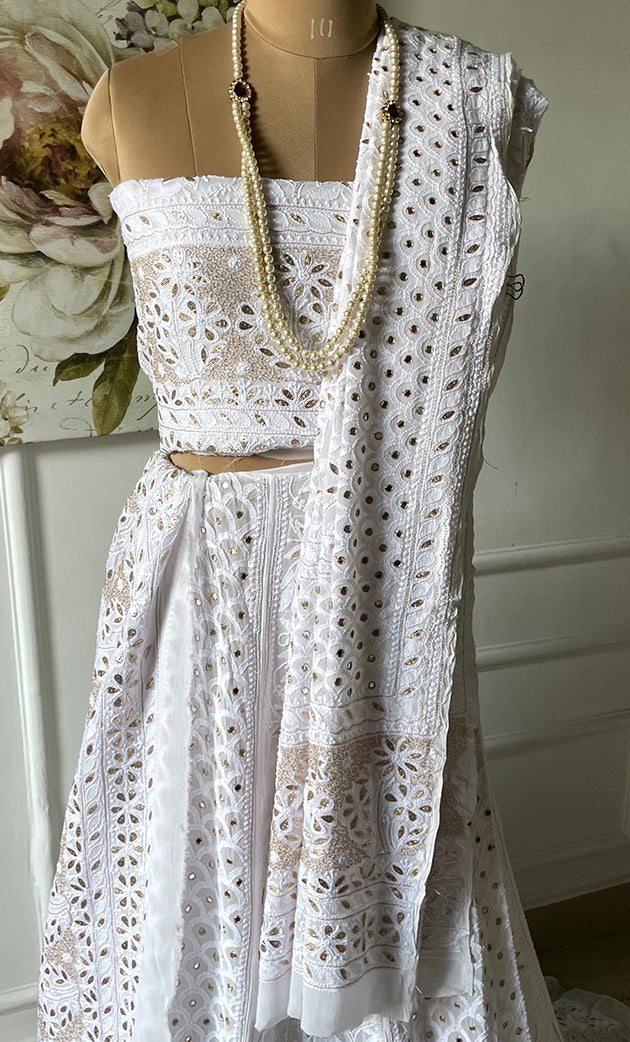 Women's Lakhnavi Handcrafted Bridal Viscose Georgette Chikankari Lehenga Set - HONC0265092