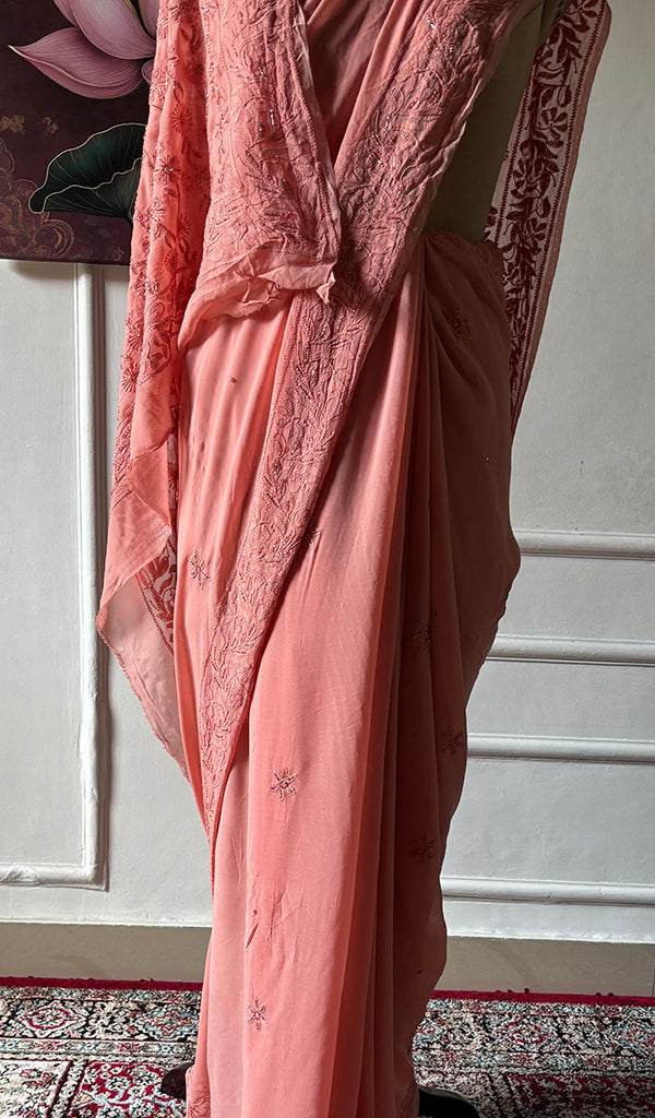 Women's Lakhnavi Handcrafted Viscose Georgette Chikankari Saree - HONC0337525
