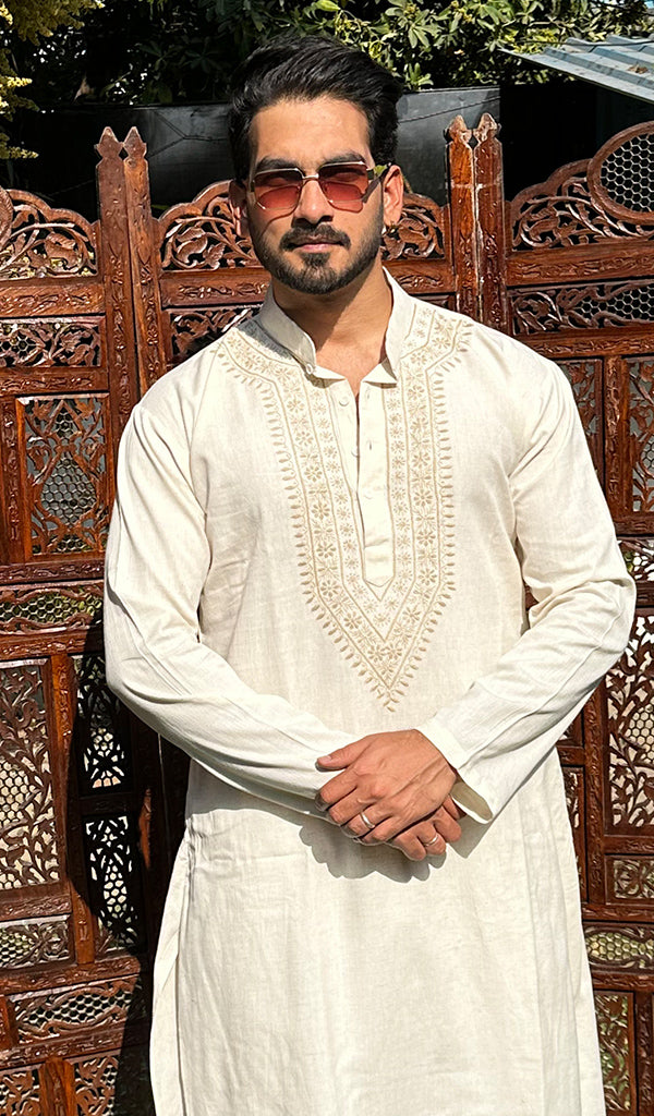 Men's Lucknowi Handcrafted Cotton Chikankari Kurta - HONC0342339
