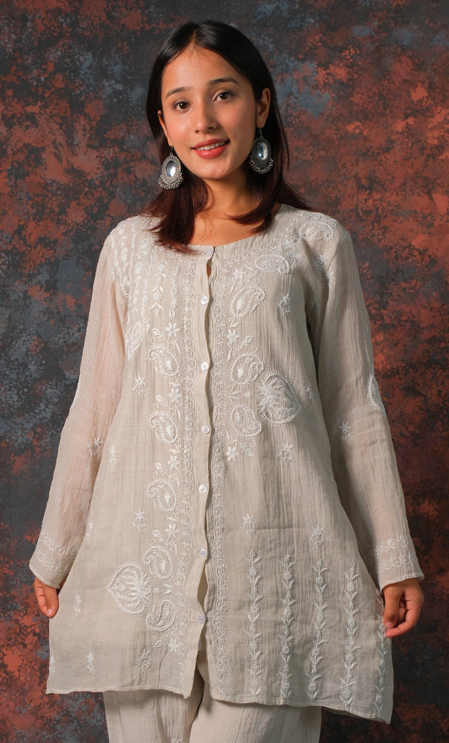 Women's Lakhnavi Handcrafted Tissue chanderi Chikankari Kurta And palazzo Set - HONC0322042
