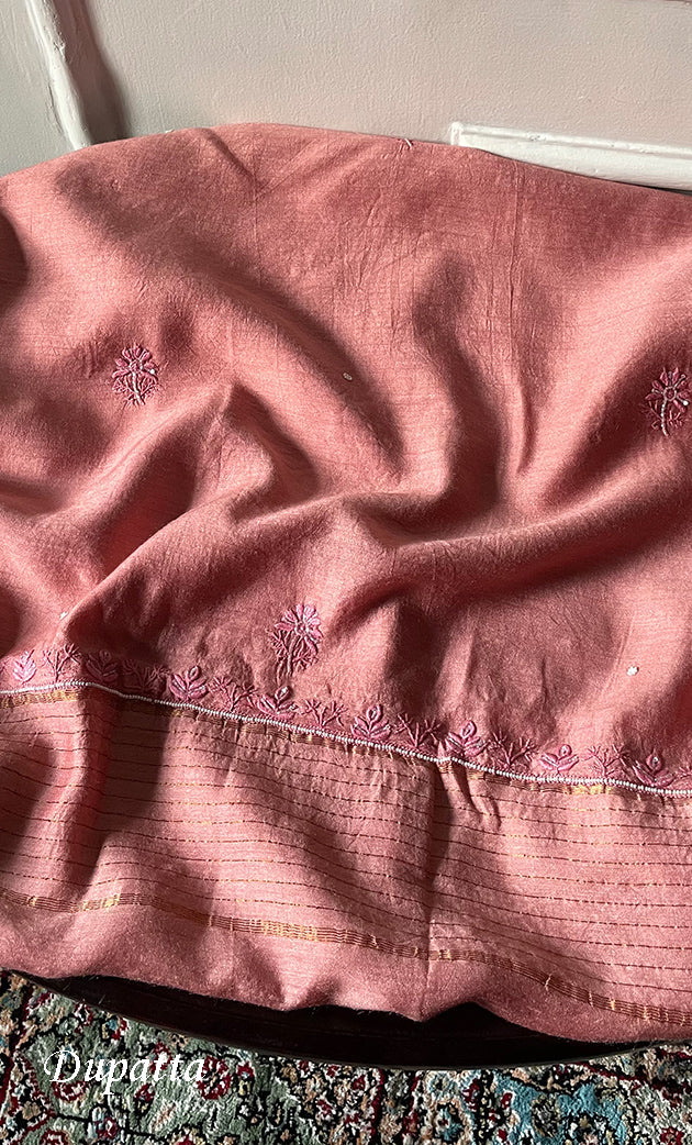 Women's Lakhnavi Handcrafted Unstitched Munga Silk Chikankari Kurta And Dupatta Set- HONC0280939