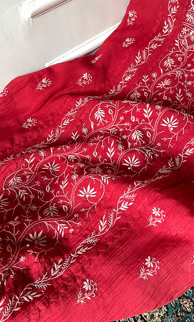 Women's Lakhnavi Handcrafted Semi- stitched Mul Chanderi Kurta And Dupatta Set - HONC0282410