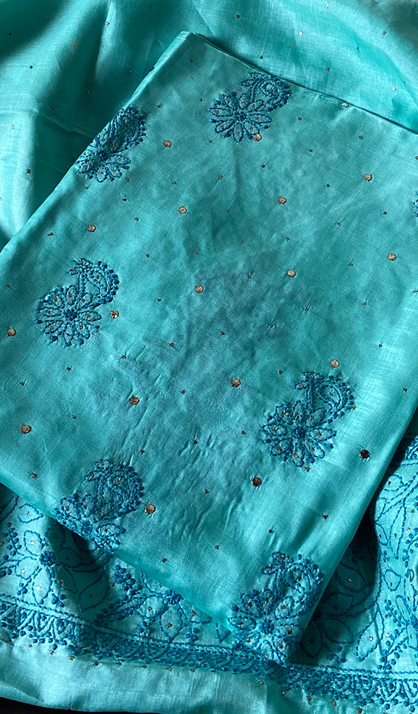 لکھنوی ہاتھ سے تیار کردہ مونگا سلک چکنکاری کرتہ اور دوپٹہ سیٹ - HONC0107590