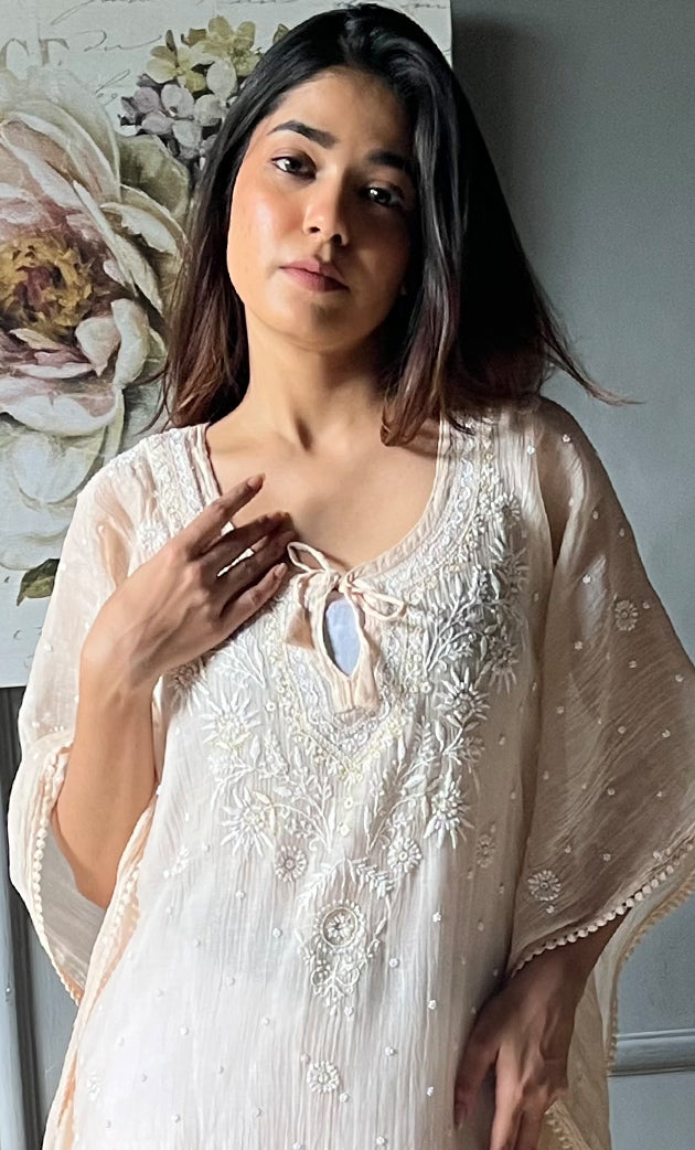 Rabia Women's Lucknowi Handcrafted Mul chanderi Chikankari Kaftan - HONC0311973