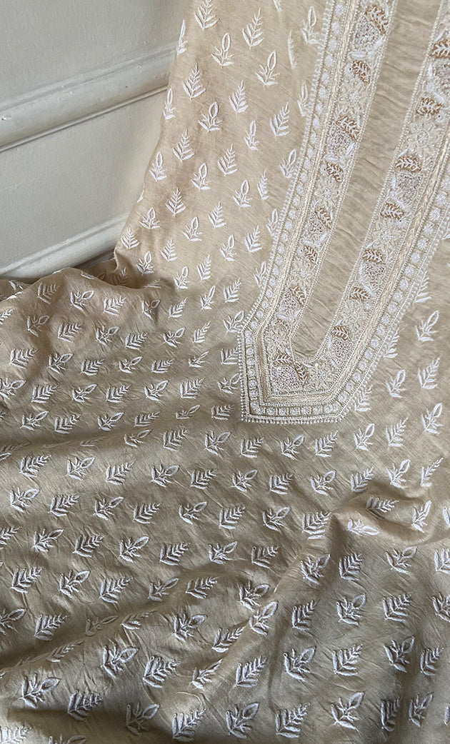 Lucknowi Handcrafted Munga Silk Unstitched Chikankari Unisex Kurta Fabric - HONC0330257