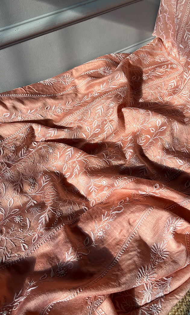 Women's Lakhnavi Handcrafted Munga Silk Semi - Stitched Chikankari Kurta And Dupatta Set- HONC0266160