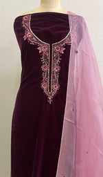 Load image into Gallery viewer, Women&#39;s Lakhnavi Handcrafted Velvet Chikankari Full Suit Material - HONC0188898
