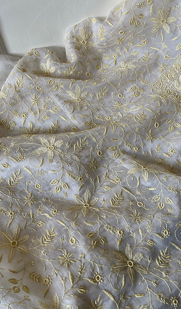 Women's Lakhnavi Handcrafted Pure Organza Chikankari Unstitched Kurta And Dupatta Set- HONC0271900