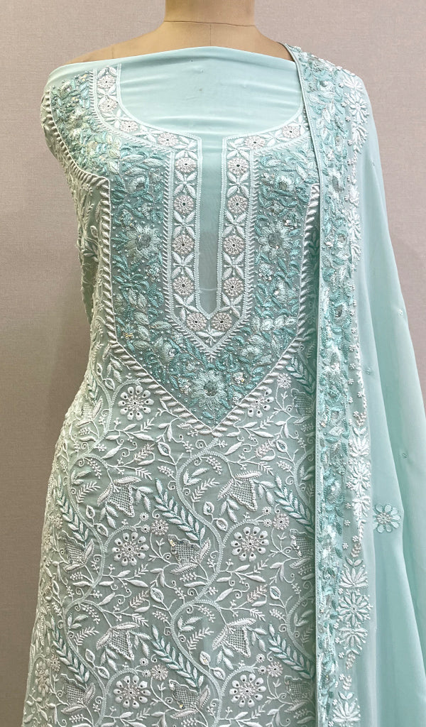 Women's Lakhnavi Handcrafted Pure Silk Georgette Chikankari Full Suit Fabric - NC027842