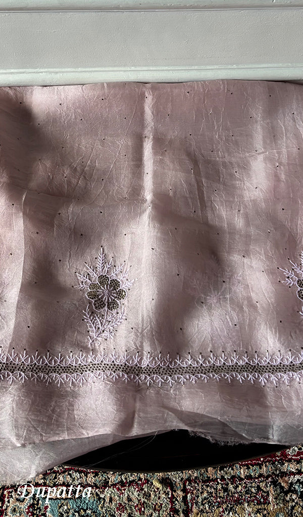Women's Lakhnavi Handcrafted Pure Organza Chikankari Unstitched Kurta And Dupatta Set- HONC0341958