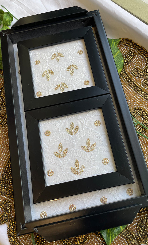 Handcrafted Chikankari Tray with Two Coasters – Wooden Frame - HONC0310959