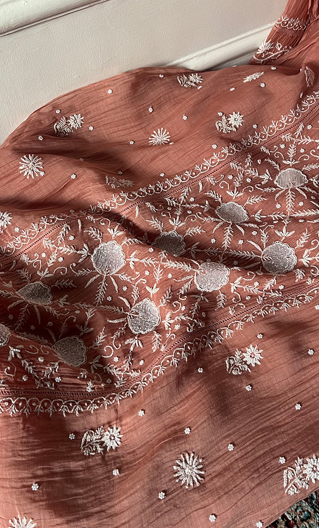 Women's Lakhnavi Handcrafted Mul Chanderi Semi - Stitched Anarkali And Dupatta Set - HONC0330159