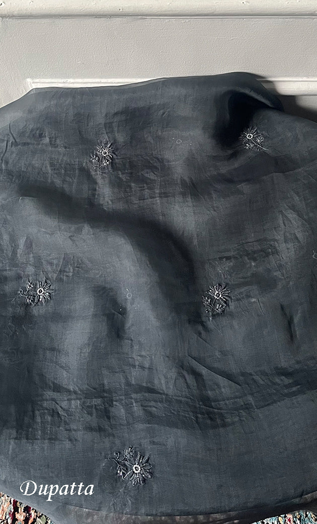 Women's Lakhnavi Handcrafted Pure Organza Chikankari Unstitched Kurta And Dupatta Set- HONC0311247