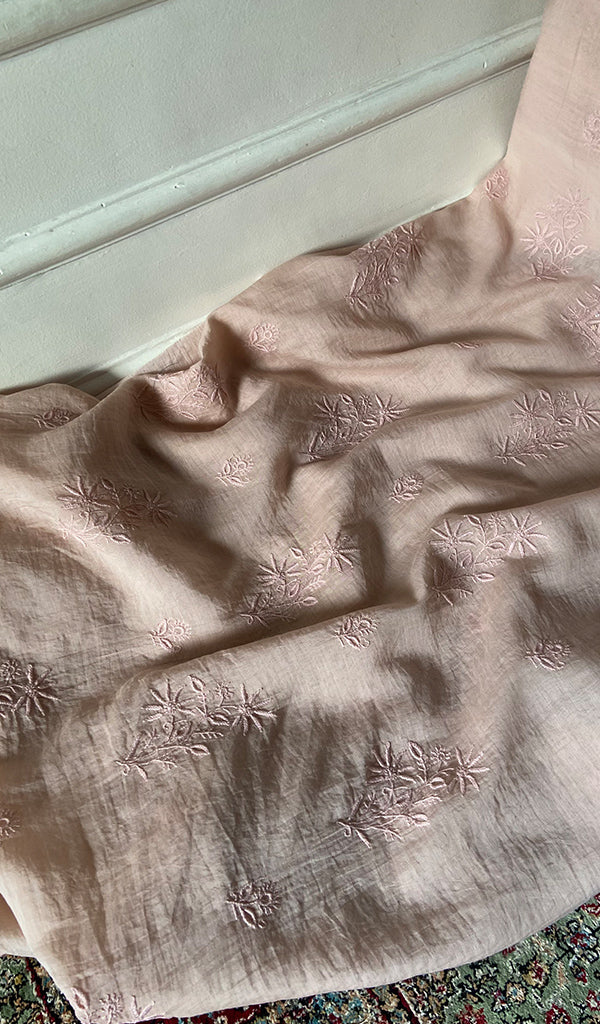 Women's Lakhnavi Handcrafted Mul Chanderi Unstitched Chikankari Full Suit Material - HONC0345055
