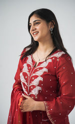 Load image into Gallery viewer, Women&#39;s Lakhnavi Handcrafted Mul Chanderi Chikankari Stitched Kurta, Dupatta And Pant Set - HONC0320723
