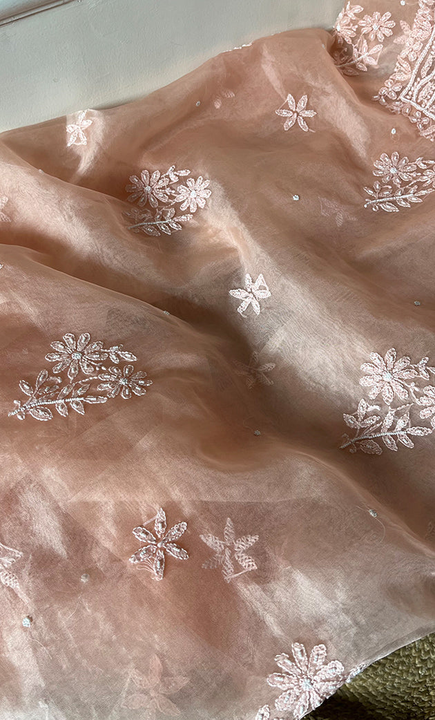 Women's Lakhnavi Handcrafted Organza Chikankari Unstitched Full Suit Material - HONC0287045