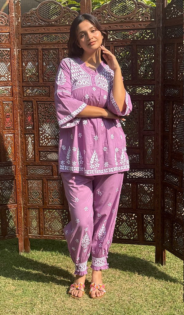 Women's Lakhnavi Handcrafted Cotton Chikankari Kurta And Afghani pant Set - HONC0268706