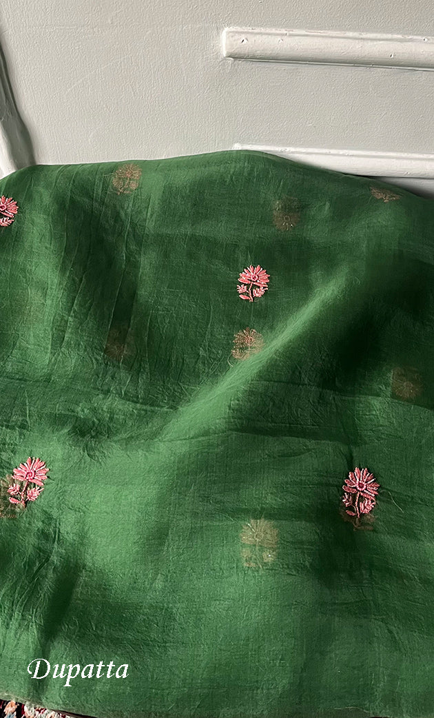 Women's Lakhnavi Handcrafted Pure Organza Chikankari Unstitched Kurta And Dupatta Set- HONC0311849