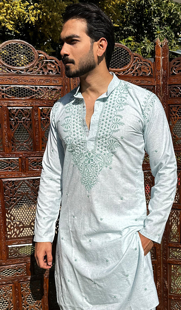 Men's Lucknowi Handcrafted Cotton Chikankari Kurta - HONC0329873
