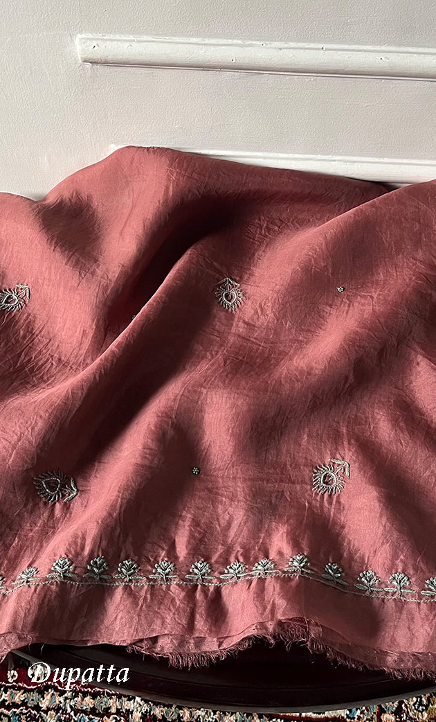 Women's Lakhnavi Handcrafted Pure Organza Chikankari Unstitched Kurta And Dupatta Set- HONC0327849