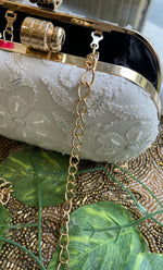 将图像加载到图库查看器中， White Handcrafted Chikankari Clutch with Golden Chain - HONC0232412
