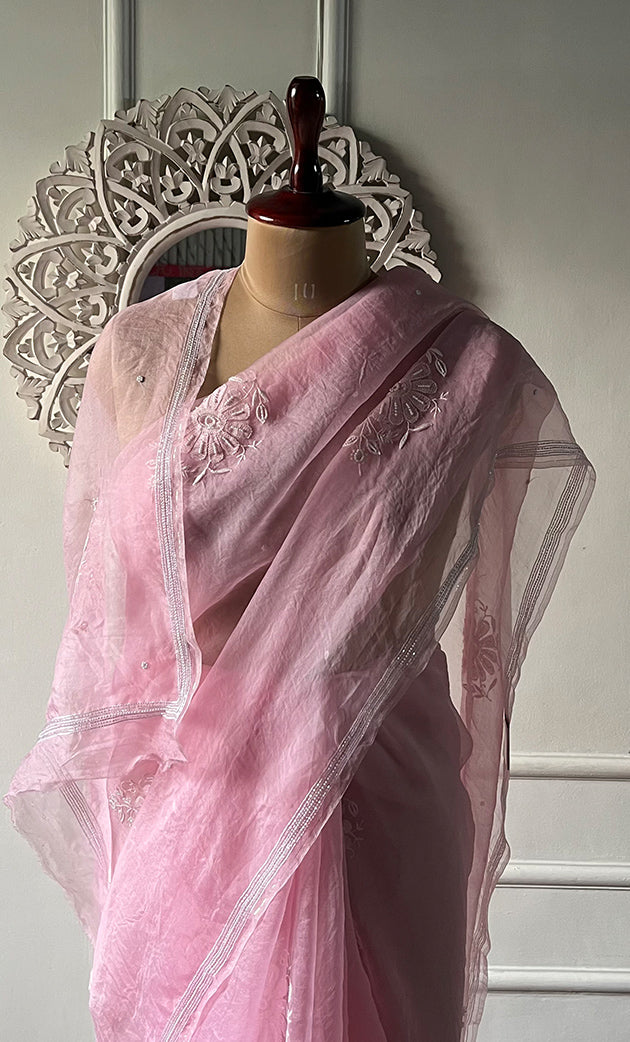 Women's Lucknowi Handcrafted Pure Organza Silk Chikankari Saree - HONC0321771