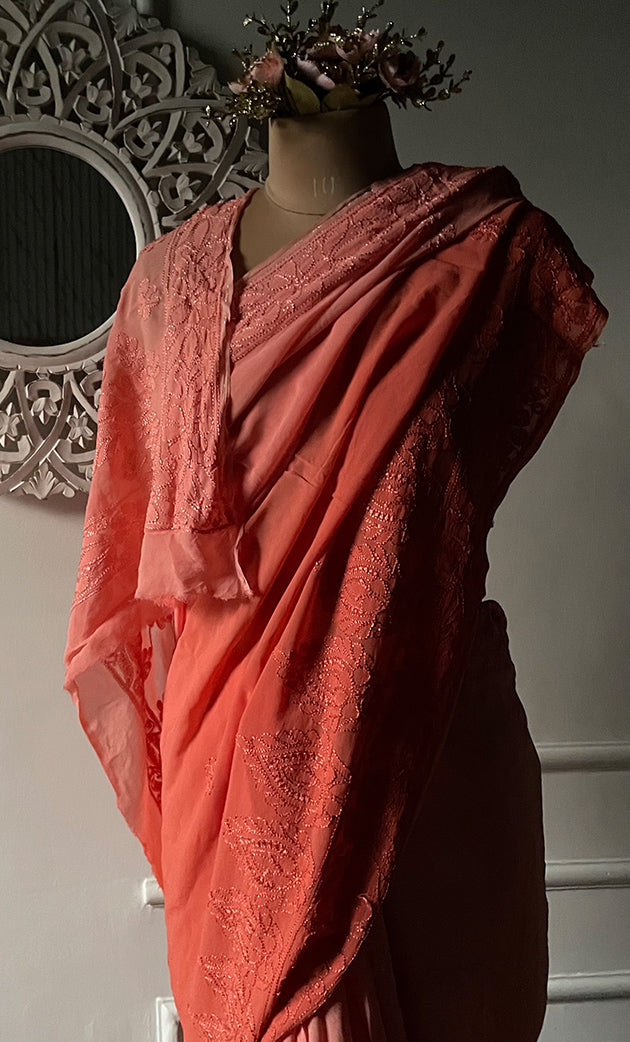 Women's Lakhnavi Handcrafted Viscose Georgette Chikankari Saree - HONC0318167