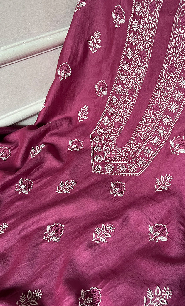 Lucknowi Handcrafted Chanderi Silk Chikankari Unstitched Unisex Kurta Fabric - HONC0255342