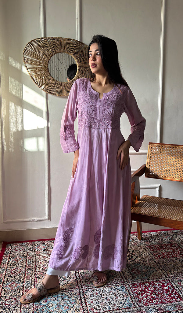 Women's Lucknowi Handcrafted Muslin Chikankari Anarkali Dress - HONC0149492